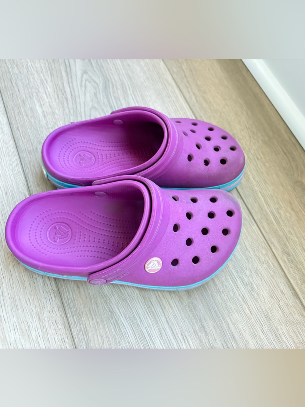 Crocs junior size 2, purple with blue/white stripe